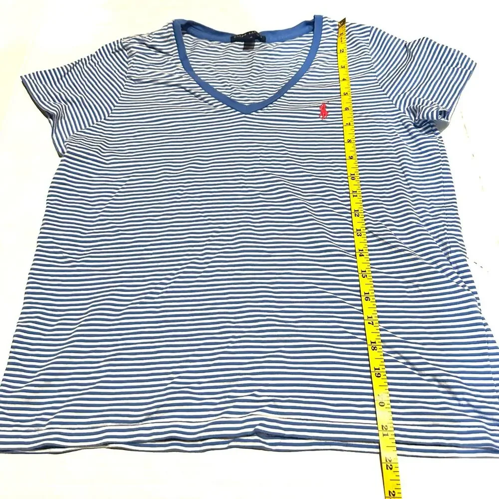 Ralph Lauren Girls Size L 12-14 Blue White Striped V-Neck T-Shirt Pink Pony